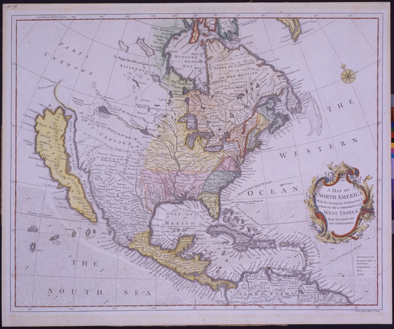 Shows North America from Arctic Circle to beginning of South America; California shown as island. Notes location of various Indian nations, course of Spanish galleons, etc.